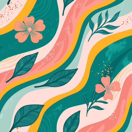 Bold waves of color intertwine with floral and leaf designs, creating a lively and energetic pattern filled with pinks, greens, and yellows that evoke nature beauty.のイラスト素材