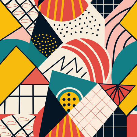 A lively arrangement of triangles, circles, and lines creates an engaging abstract design. Bold colors like red, yellow, and teal enhance the visual interest and modern aesthetic.のイラスト素材