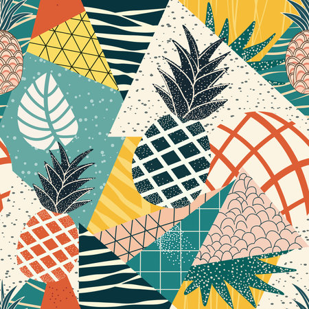 Vibrant design showcases a variety of geometric shapes, including triangles and leaves, filled with playful illustrations of pineapples in different styles and colors.のイラスト素材