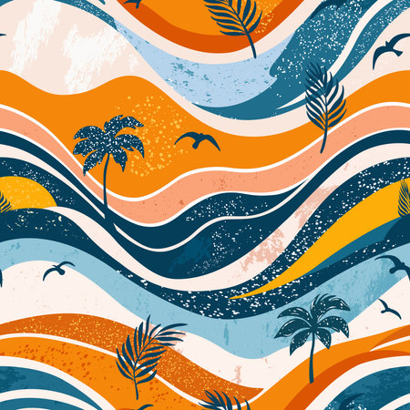 This composition showcases an artistic portrayal of flowing waves in shades of orange, blue, and white, interspersed with palm trees and birds. The design exudes a joyful and tropical atmosphere.のイラスト素材