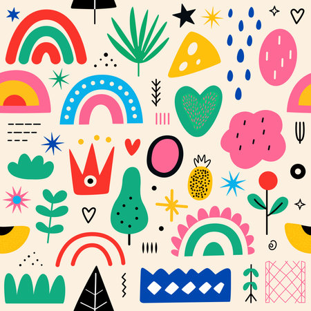 Vivid shapes and colors intertwine in playful designs, showcasing rainbows, flowers, foliage, and abstract forms on a neutral backdrop, creating a cheerful and lively atmosphere.のイラスト素材