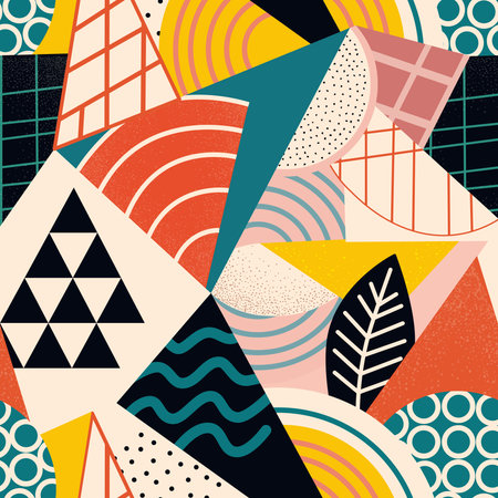 Vibrant artwork displays an array of geometric shapes and patterns in various colors. The composition includes triangles, circles, and leaves arranged harmoniously on a textured backdrop.のイラスト素材