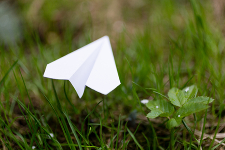 A paper airplane lies on the grass. Action to launch aircraft in support of the Telegram application. A popular messenger Telegram is banned in Russiaの写真素材