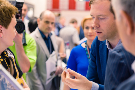 MOSCOW, RUSSIA - MAY 23, 2015: Minister of Industry and Trade of the Russian Federation Denis Manturov at the 8th International Helicopter Industry Exhibition HeliRussia 2015 in Crocus Expo.のeditorial素材