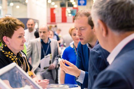 MOSCOW, RUSSIA - MAY 23, 2015: Minister of Industry and Trade of the Russian Federation Denis Manturov at the 8th International Helicopter Industry Exhibition HeliRussia 2015 in Crocus Expo.のeditorial素材