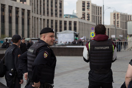 MOSCOW, RUSSIA - APRIL 30, 2018: Policemen in the cordon. A rally on Sakharov Avenue against...