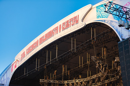 MOSCOW, RUSSIA - May 21, 2018: Preparing a scene on Red Square near the Kremlin for events dedicated to the Day of Slavic Writing and Culture on May 24, 2018 in Moscowのeditorial素材