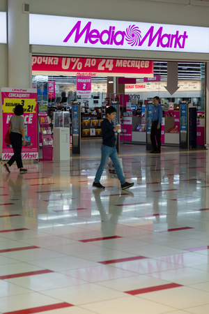 MOSCOW, RUSSIA - MAY 26, 2018: MediaMarkt CE store entrance in the Aviapark shopping mall. The Safmar group agreed to purchase a Russian network of home appliances and electronics Media Markt.のeditorial素材