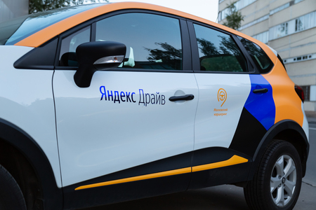 MOSCOW, RUSSIA - AUGUST 17, 2018: A Renault Captur, crossover from car sharing Yandex Drive is available for rent. Carsharing is popular in Moscow also because they can park for free on toll parkingのeditorial素材