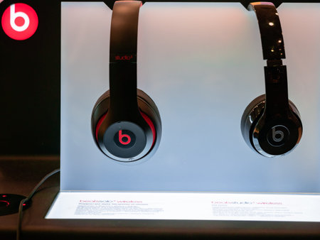 Moscow, Russia - September 14, 2019: Beats Solo 3 wireless headphones on display in gadgets store....