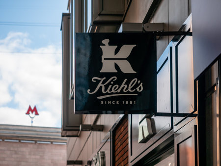 Moscow, Russia - September 14, 2019: Outdoor advertising sign with the Kiehls logo. Kiehl's LLC is...