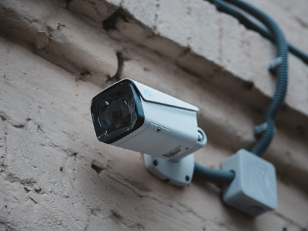 Outdoor CCTV camera mounted on the wall of an old brick house. New camera with protective films on...