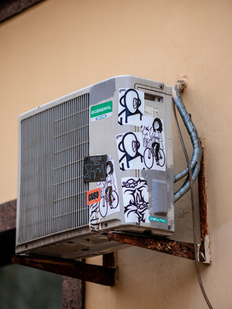 Moscow, Russia - January 17, 2020: Air conditioning on the wall of the first floor of the house...