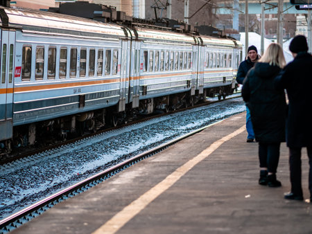 Moscow, Russia - February 8, 2020: The train leaves from the platform of the Begovaya station of the...