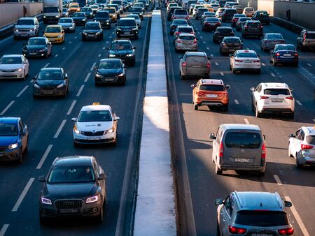 Moscow, Russia - February 8, 2020: Heavy traffic on the third traffic ring on a sunny Saturday afternoon.のeditorial素材