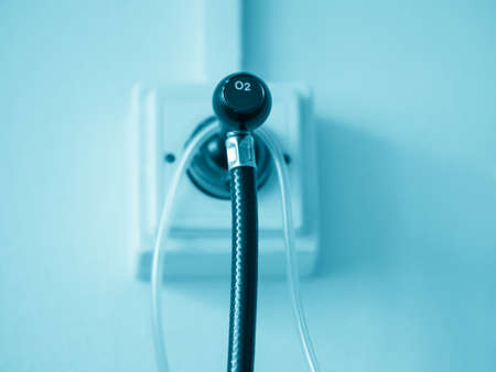 Intensive care unit. Tubes of supplied gas from hospital oxygen line. Emergency respiratory support COVID-19 patients. Pulmonary insufficiency in viral pneumonia caused by SARS-CoV-2 coronavirusの写真素材