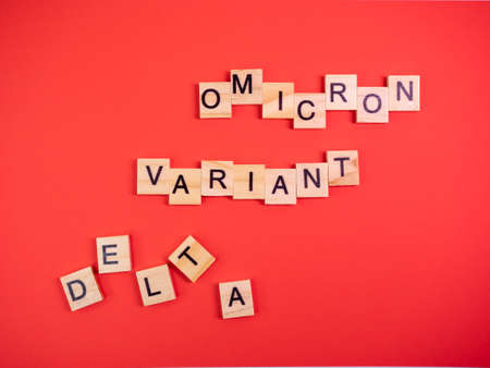 Omicron variant replaces Delta. Emergence of new dangerous strain of coronavirus COVID-19 Omicron. Words omicron variant delta on colored red backgroundの写真素材
