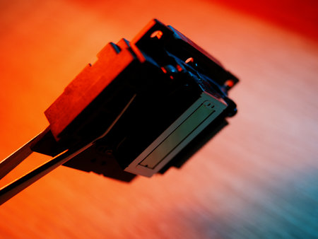 Inkjet Print Head details. Piezoelectric Printing Technologies. Miniature Color Ink Jet Nozzles for Photorealistic High Resolution Printing. Control cable connector.の写真素材
