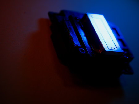 Inkjet Print Head details. Piezoelectric Printing Technologies. Miniature Color Ink Jet Nozzles for Photorealistic High Resolution Printing. Control cable connector.の写真素材