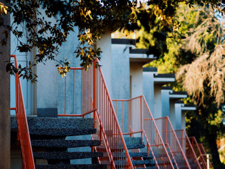 Campus houses Zlatne stijene with stairs and railings. Holiday resort apartments for tourists near the sea. Pula, Croatia - December 1, 2024の写真素材