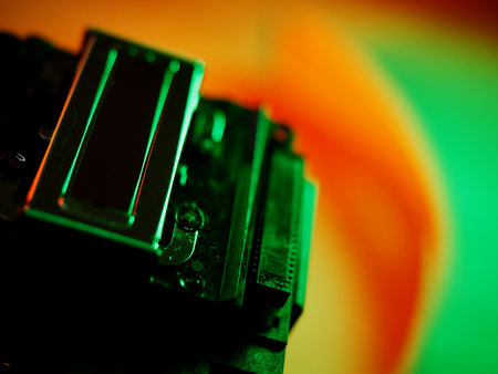 Inkjet Print Head details. Piezoelectric Printing Technologies. Miniature Color Ink Jet Nozzles for Photorealistic High Resolution Printing. Control cable connector.の写真素材