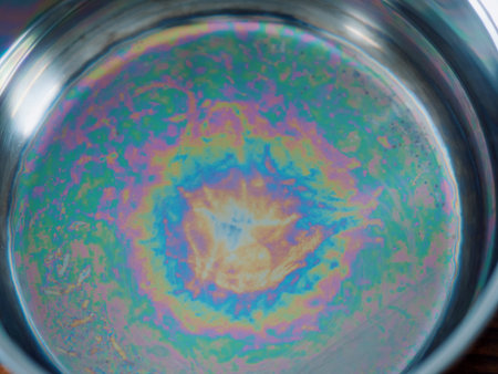Iridescent color spots on the bottom of a stainless steel pan. Light interference in thin films....
