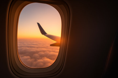 Airplane wing visible from window, capturing a stunning sunset over fluffy clouds, creating a serene travel atmosphereの素材