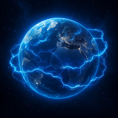 Planet Earth illuminated by electric energy, showcasing vibrant colors and cosmic elements in a starry background, creating a captivating atmosphereの素材