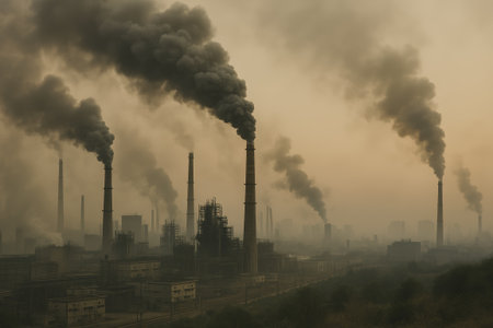 Smokestacks release dark smoke into the air, creating a hazy atmosphere over an industrial area with buildings and structures in the backgroundの素材