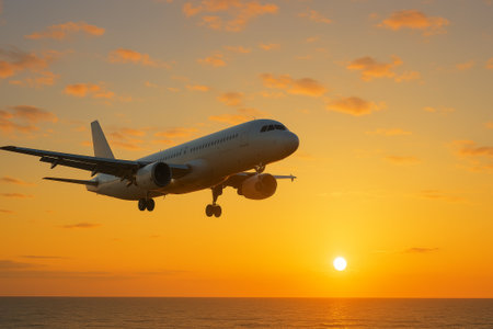 Airplane is flying above the ocean during sunset, with vibrant colors reflecting on the water and clouds creating a serene atmosphereの素材
