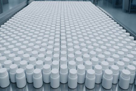White bottles are neatly arranged on a conveyor belt in a modern production facility, showcasing efficient manufacturing and organizationの素材