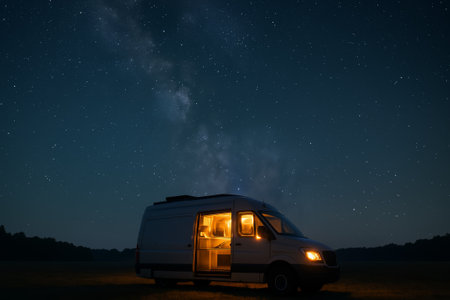 Illuminated van parked in a serene landscape at night, surrounded by stars, creating a peaceful atmosphere for adventure seekersの素材