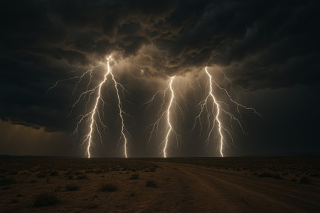 Intense lightning bolts illuminate the sky, creating a dramatic scene over a desolate landscape with a dirt road, showcasing natures powerの素材