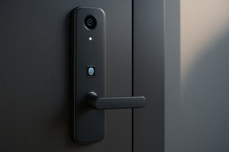 Innovative smart door lock featuring a fingerprint scanner, sleek design, and modern technology for improved home security and convenienceの素材