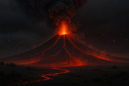 Erupting volcano displays flowing lava and dark smoke, creating a dramatic and powerful natural scene with intense colors and texturesの素材