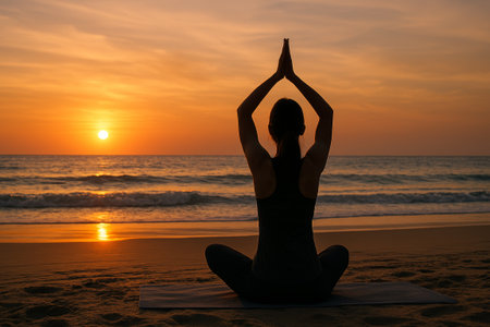 Female yogi is meditating on sandy beach at sunset, surrounded by gentle ocean waves and warm golden hues, creating a tranquil atmosphereの素材