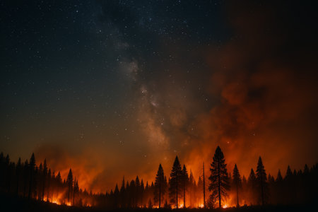 Nighttime forest fire scene with bright flames lighting up trees, creating a dramatic contrast against the starry skyの素材