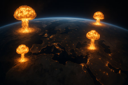 Nuclear mushroom clouds erupting over Earth, illustrating the catastrophic impact of war and destruction on a global scaleの素材