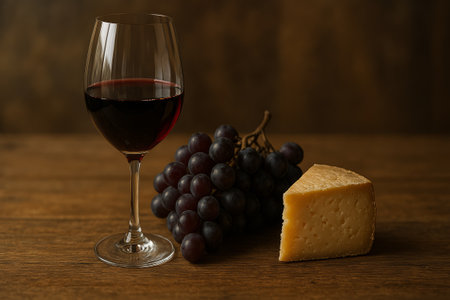 A glass filled with red wine sits next to a bunch of dark grapes and a wedge of cheese on a wooden table, creating a cozy atmosphereの素材