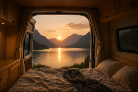 Inviting camper interior features a bed with soft bedding, framed by open doors revealing a stunning sunset over mountains and lakeの素材