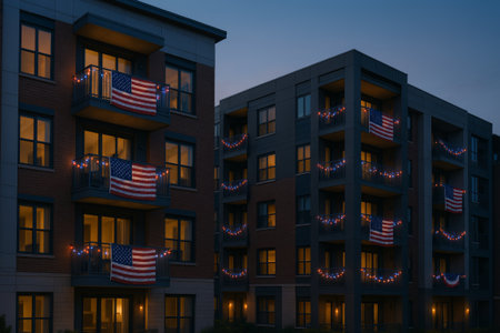 Apartment buildings illuminated at night, featuring American flags and festive lights, creating a vibrant atmosphere for Independence Dayの素材