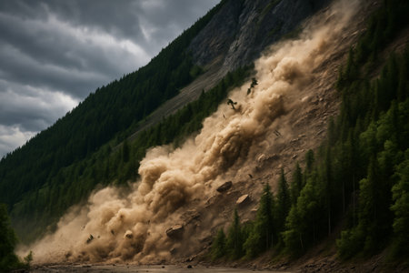 Dramatic landslide in a mountainous area, with dust and debris cascading down the slope, surrounded by lush green trees and cloudy skyの素材