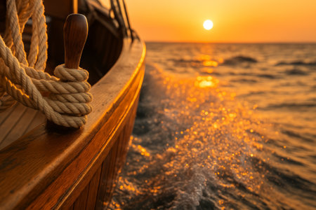 Close-up of wooden boat with rope mooring, capturing sunset reflections on water, creating a serene and tranquil atmosphereの素材