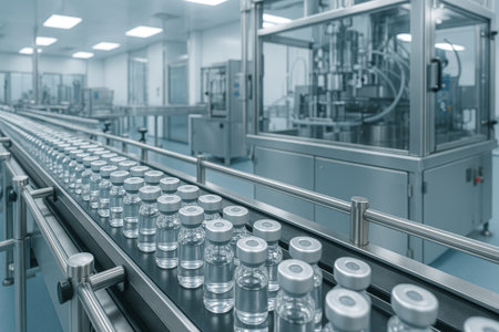 Glass vials are lined up on a conveyor belt in a modern pharmaceutical facility, showcasing a sterile production environmentの素材