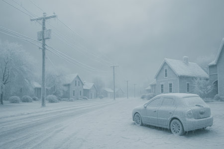 Winter scene featuring a snow-covered street with a parked car and houses, creating a tranquil and peaceful ambiance in the neighborhoodの素材