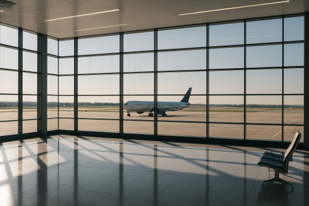Airplane is taxiing on the runway, seen through expansive windows of a contemporary airport terminal, with sleek seating and bright lightingの素材