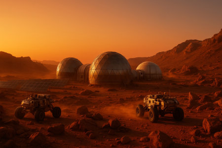 Futuristic habitat structures are set against a barren landscape, with rugged terrain and exploration vehicles navigating the environmentの素材