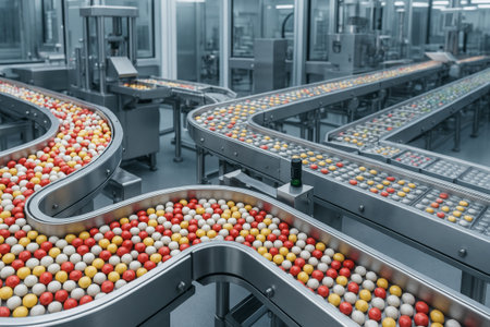 Conveyor system features vibrant balls moving through a sleek manufacturing environment, showcasing advanced technology and efficiencyの素材