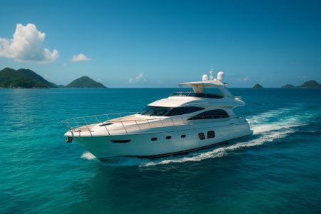 Elegant yacht gliding across serene turquoise waters, surrounded by distant islands and a vibrant blue sky, showcasing luxury and adventureの素材