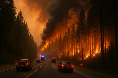 Intense forest fire burning trees beside a highway, with vehicles cautiously driving through smoke and flames, creating a tense atmosphereの素材
